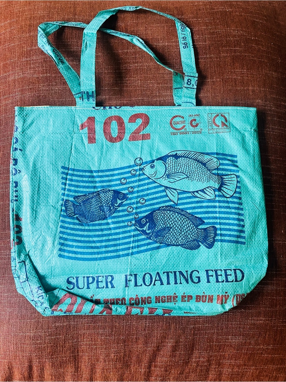 Aqua Teal Fish Graphic Large Tote Bag made from Recycled Cement Bags in Cambodia